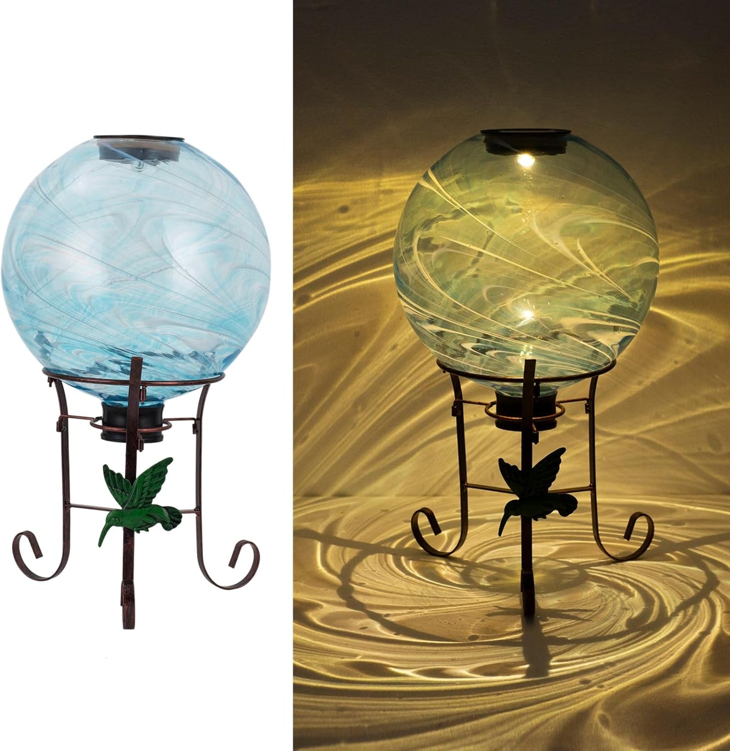 10 Inch Solar Glass Gazing Ball, with 9.4" Tall Metal Gazing Globe Stand, Solar Ball Lights Display
