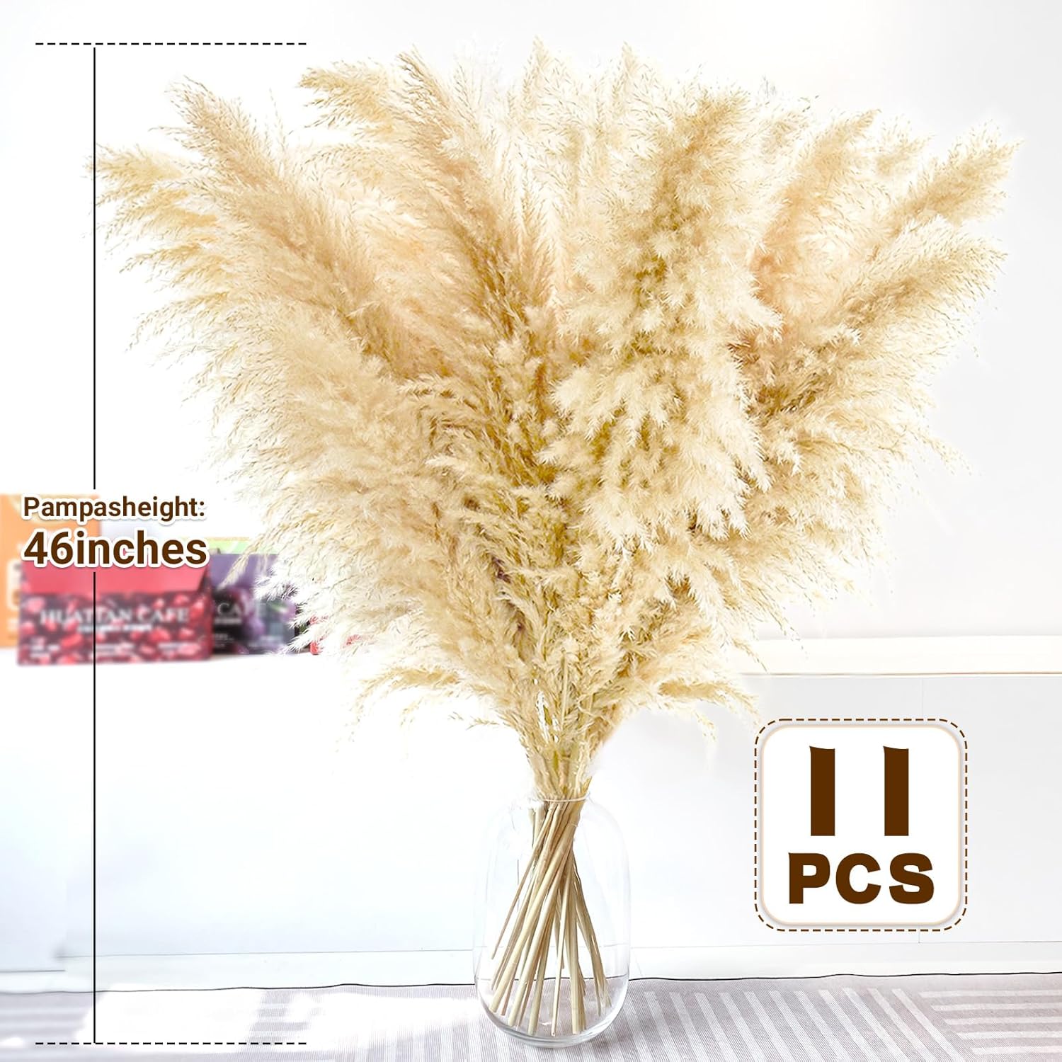 46" inch 11 Stems Natural Pampas Grass Tall Decor,Pompas Grass,Large Beige Tall Pampas Grass for