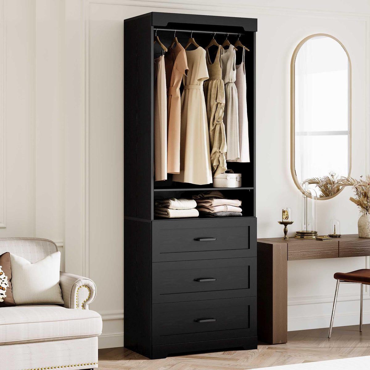 IRONCK Freestanding Closet System with Adjustable Shelves & 3 Drawers