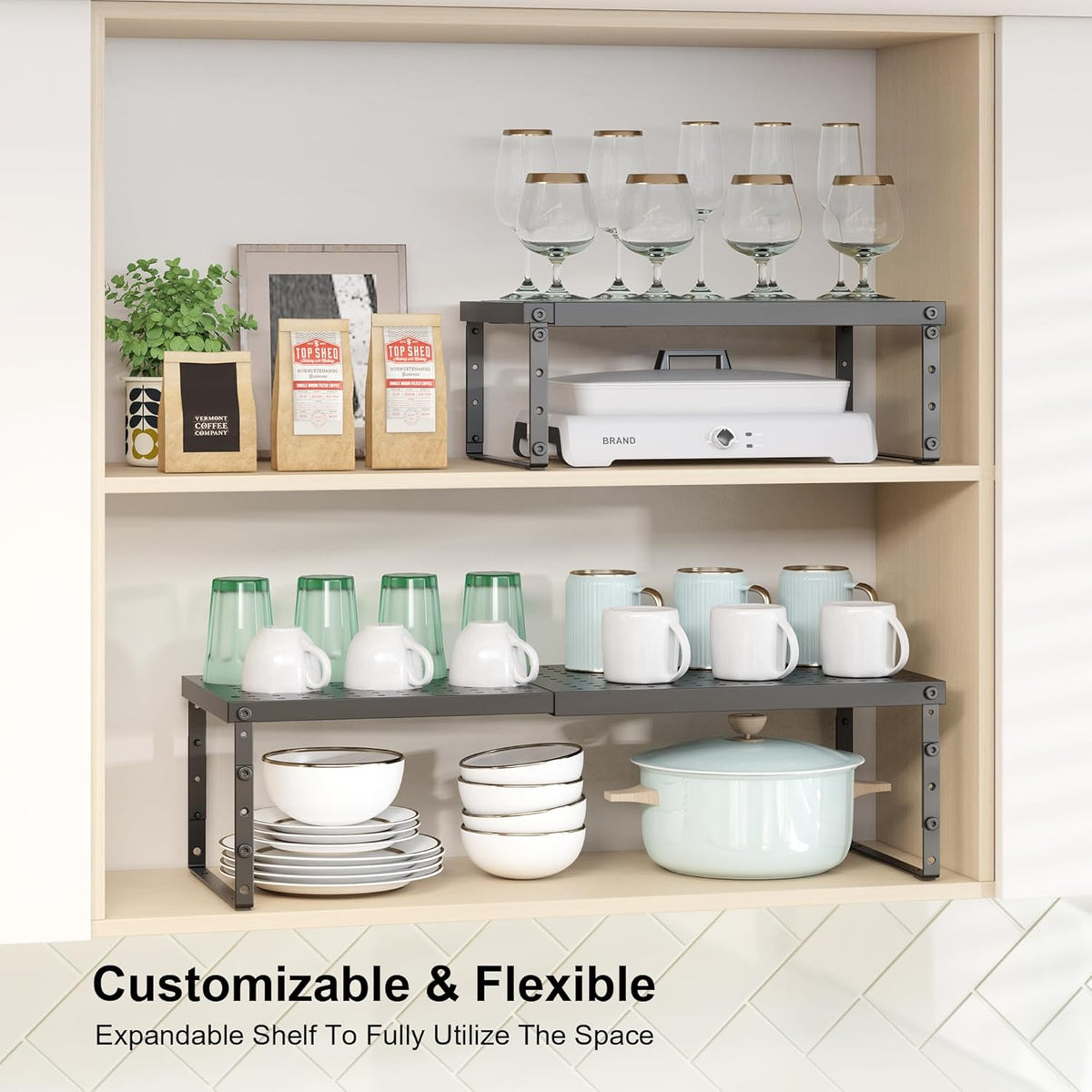 Expandable Cabinet Organizer Shelf With Adjustable Height, Stackable Kitchen Countertop Organizer