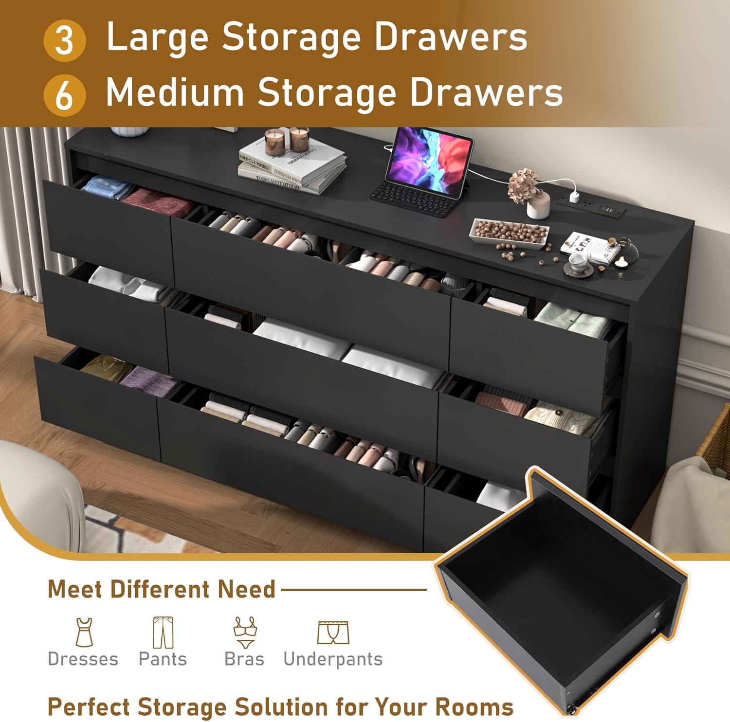 Black malm Dresser for Bedroom, 63 Inch Long 9 Drawers Dresser with Charging Station, Modern Large