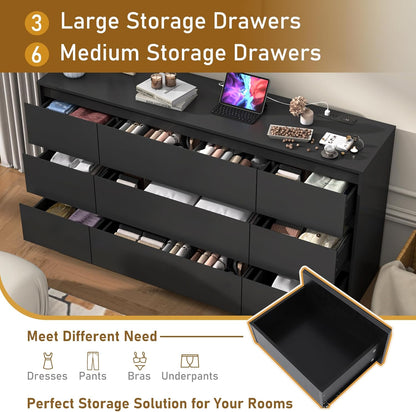 Black malm Dresser for Bedroom, 63 Inch Long 9 Drawers Dresser with Charging Station, Modern Large