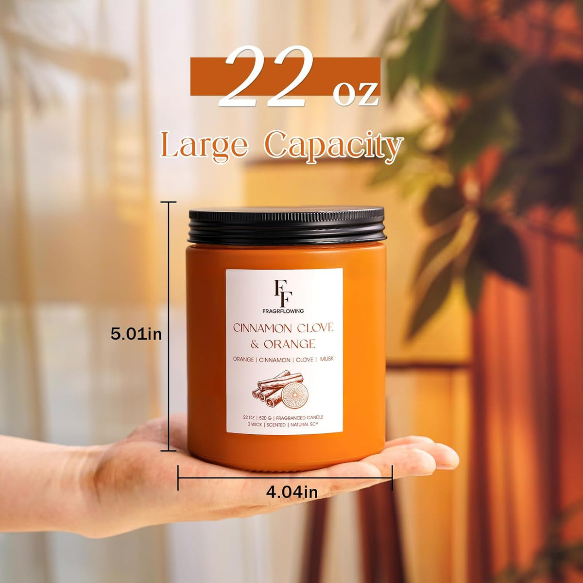 Large Fall Candle Cinnamon Clove Scented, 3-Wick 22oz Long Lasting Scented Candle, Natural Soy Wax
