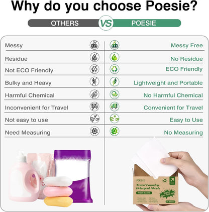 Poesie Laundry Detergent Sheets Washer Sheets for Travel Laundry Soap Sheet for Camping Hotel Dorm