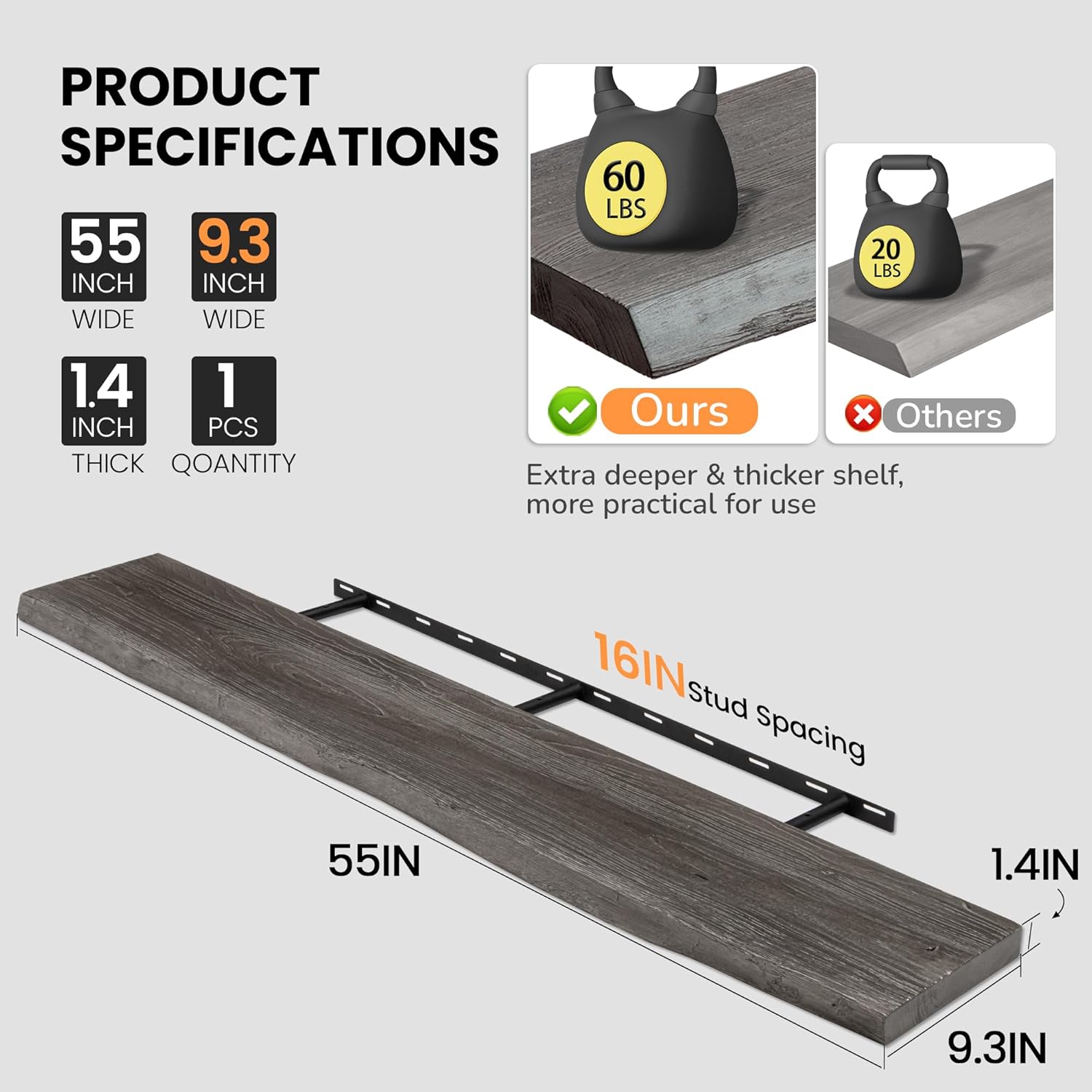 Floating Shelves for Wall, 55"x9.3" Rustic Solid Live-Edge Elm Wood Wall Shelves, Heavy-Duty