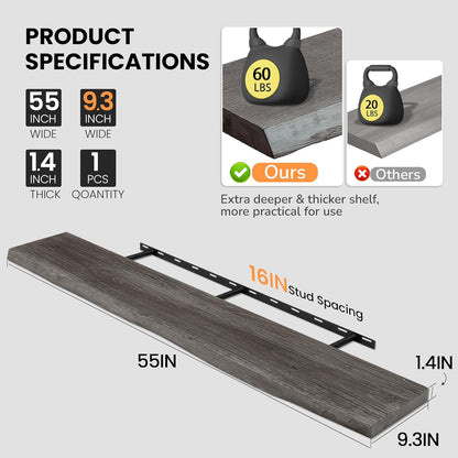 Floating Shelves for Wall, 55"x9.3" Rustic Solid Live-Edge Elm Wood Wall Shelves, Heavy-Duty