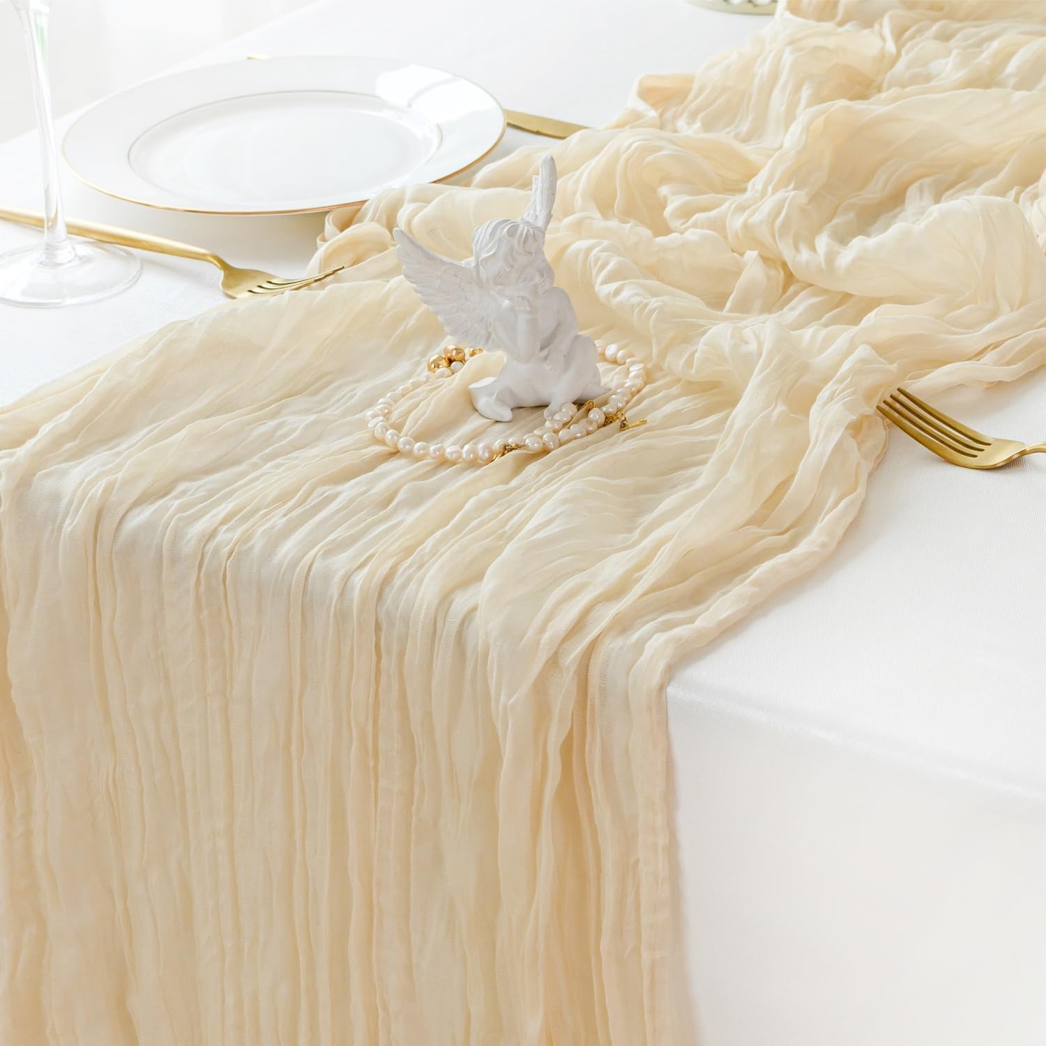Sioloc 1 Pack Beige Cheesecloth Table Runner Fall Autumn Decor for Home 10ft Table Cloth for Tea