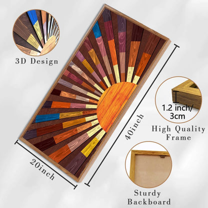 IARTTOP Extra Large Boho Sun Wood Wall Art for Living Room Wooden 3D Framed Abstract Sun Rising on