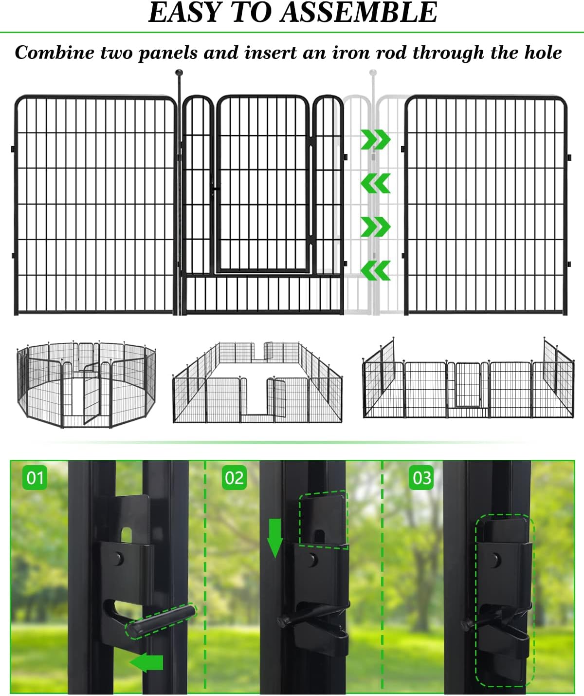 Decorative Black Metal Fencing Garden Fence with Gate, 18ft(L) 40in(H) 8 Fence Panels No Dig Fence