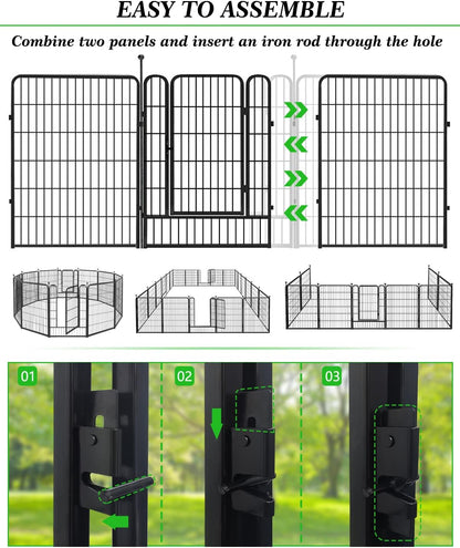 Decorative Black Metal Fencing Garden Fence with Gate, 18ft(L) 40in(H) 8 Fence Panels No Dig Fence