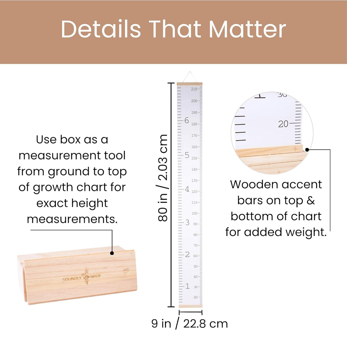 Growth Chart for Wall | Kids Height Chart Canvas Ruler with Wooden Storage Box | Waterproof