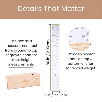 Growth Chart for Wall | Kids Height Chart Canvas Ruler with Wooden Storage Box | Waterproof