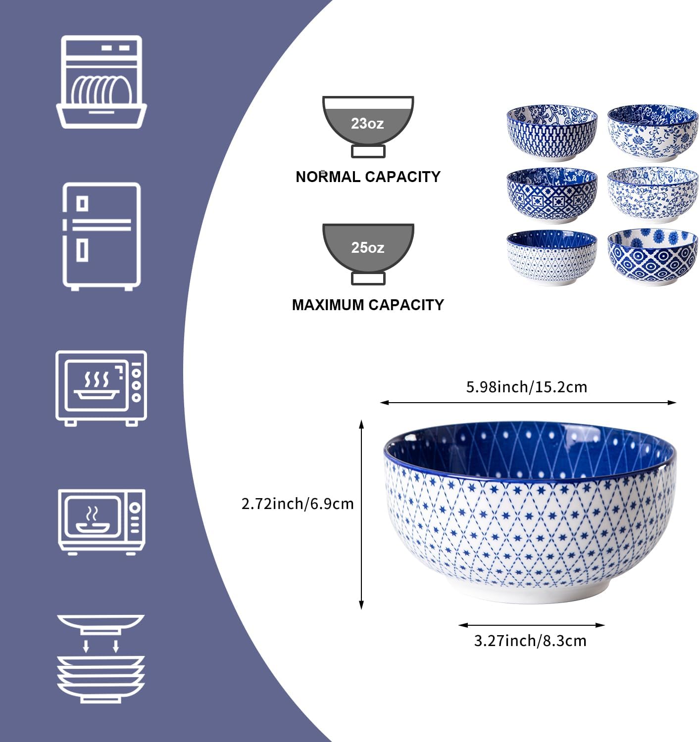 Ceramic Soup Bowls Set - 23 Oz Deep Cereal Bowl for kitchen - 6 Inch Porcelain Salad Bowl for