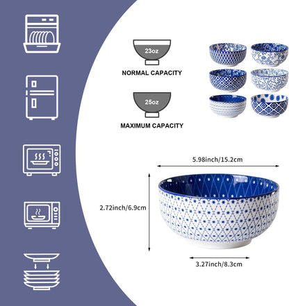 Ceramic Soup Bowls Set - 23 Oz Deep Cereal Bowl for kitchen - 6 Inch Porcelain Salad Bowl for