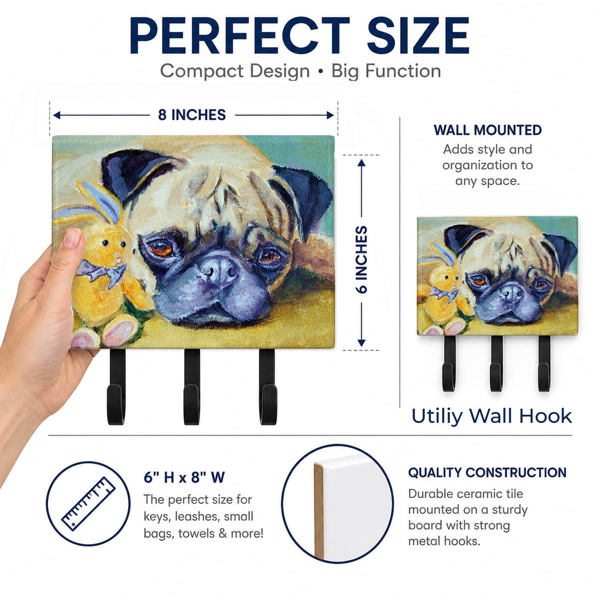 Caroline's Treasures 7423TH68 Pug Bunny Rabbit Leash or Key Holder, Wall Hooks, Key Hooks Holder