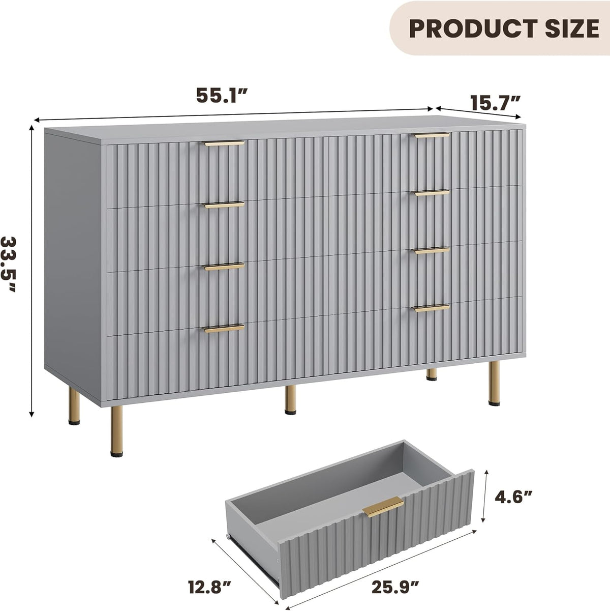 8 Drawer Dresser for Bedroom, Fluted 55" Wide Modern Chest of Drawers with Deep Drawers, Long Large
