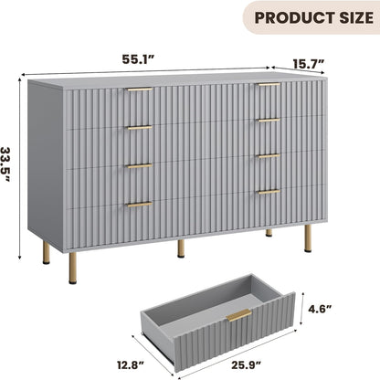 8 Drawer Dresser for Bedroom, Fluted 55" Wide Modern Chest of Drawers with Deep Drawers, Long Large