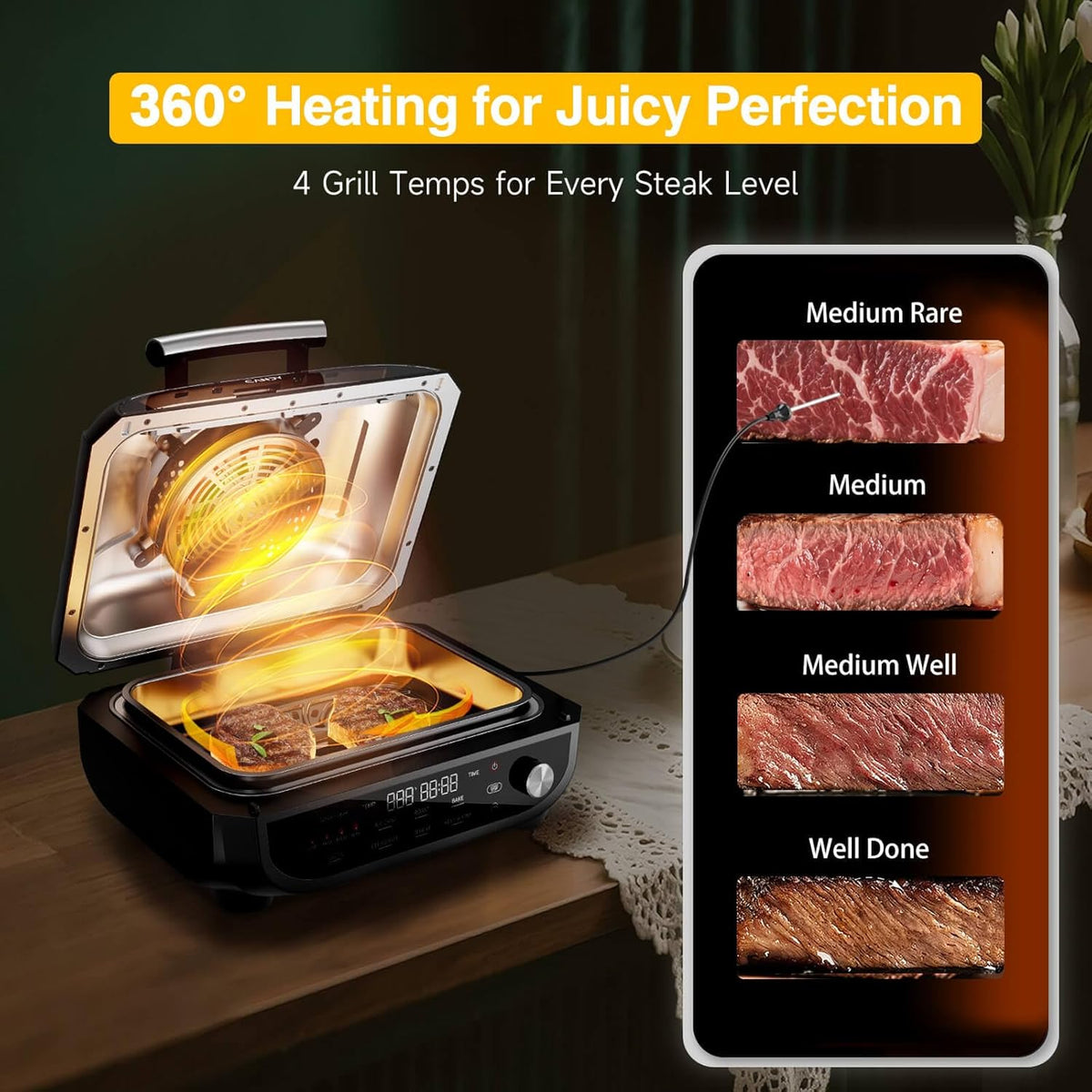 Indoor Grill and Air Fryer Combo with Ceramic Accessories, 7-IN-1 Digital Display, 5.2 QT Electric