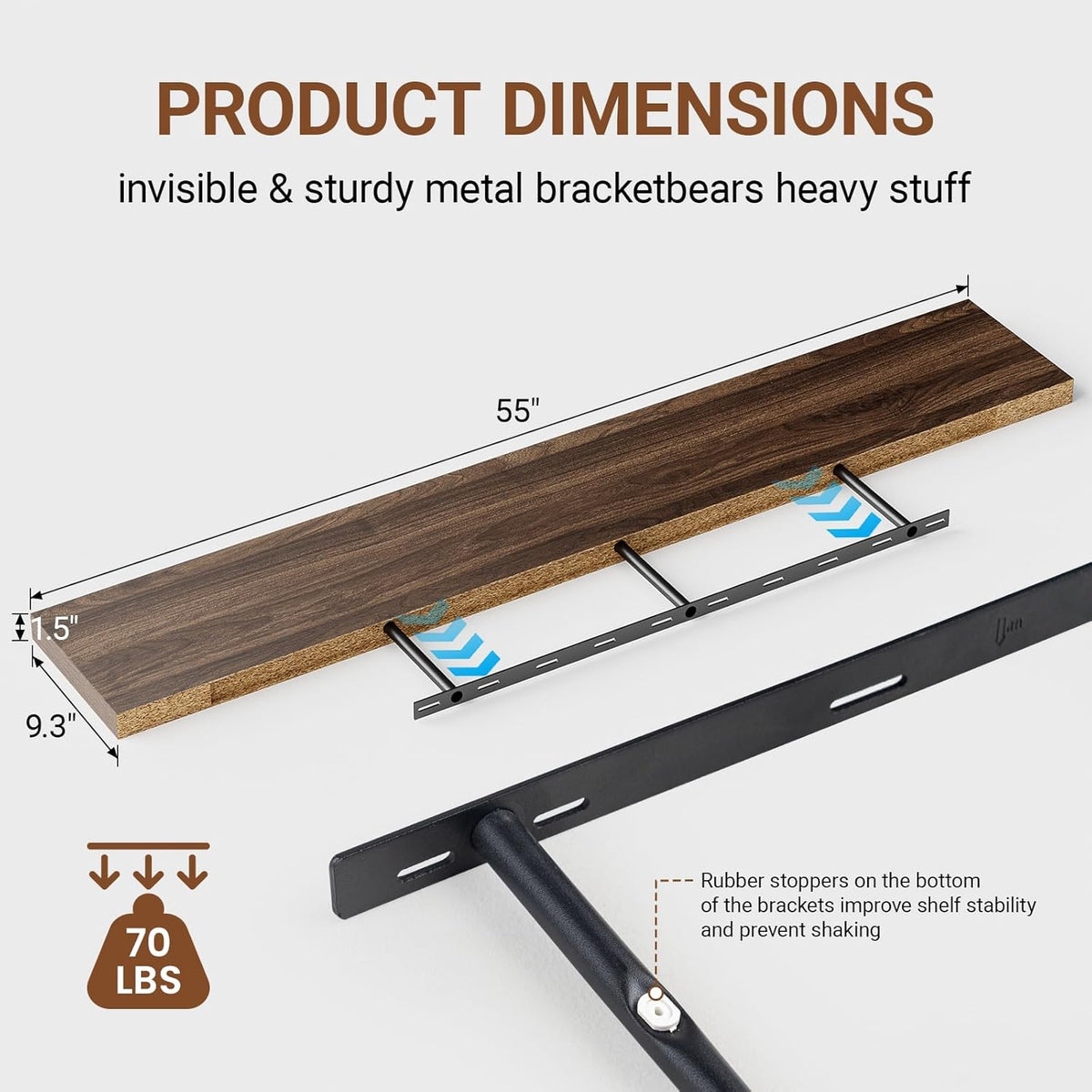 Heimlove 55 Inch Long Floating Shelves for Wall,9.3" Deep Walnut Floating Shelves Set of 2,Large