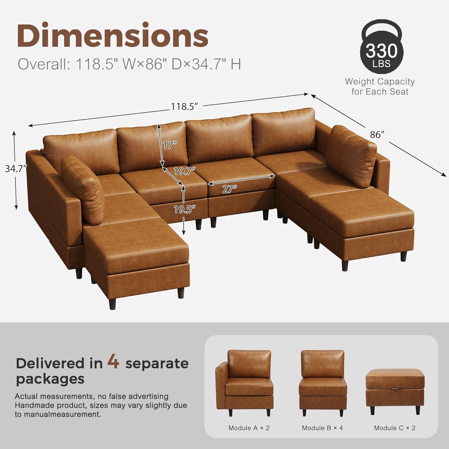 118.5" Faux Leather Modular Sectional Sofa, Modern Large 8 Seater U Shaped Couch with Storage Seat