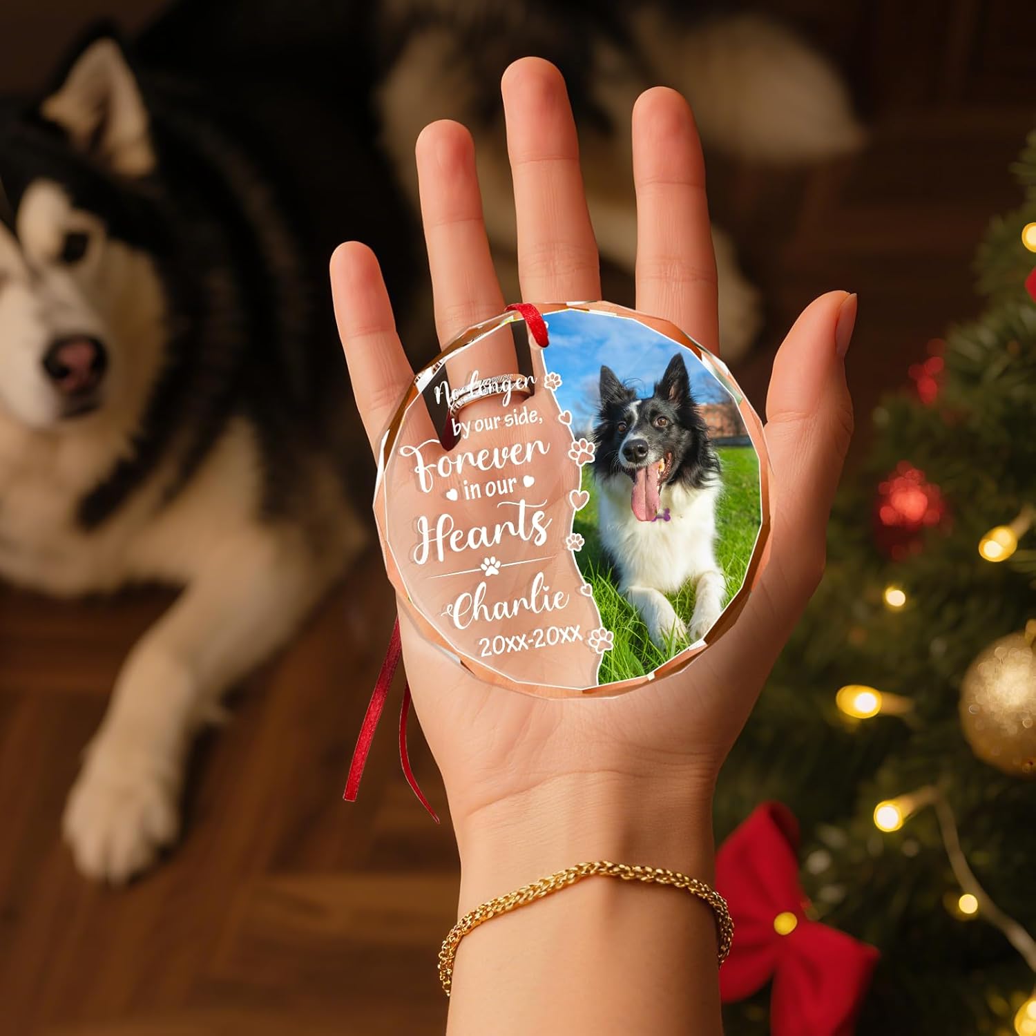 Personalized Memorial Pet Glass Ornament - Custom Picture Christmas Ornaments, Dog Forever in Our