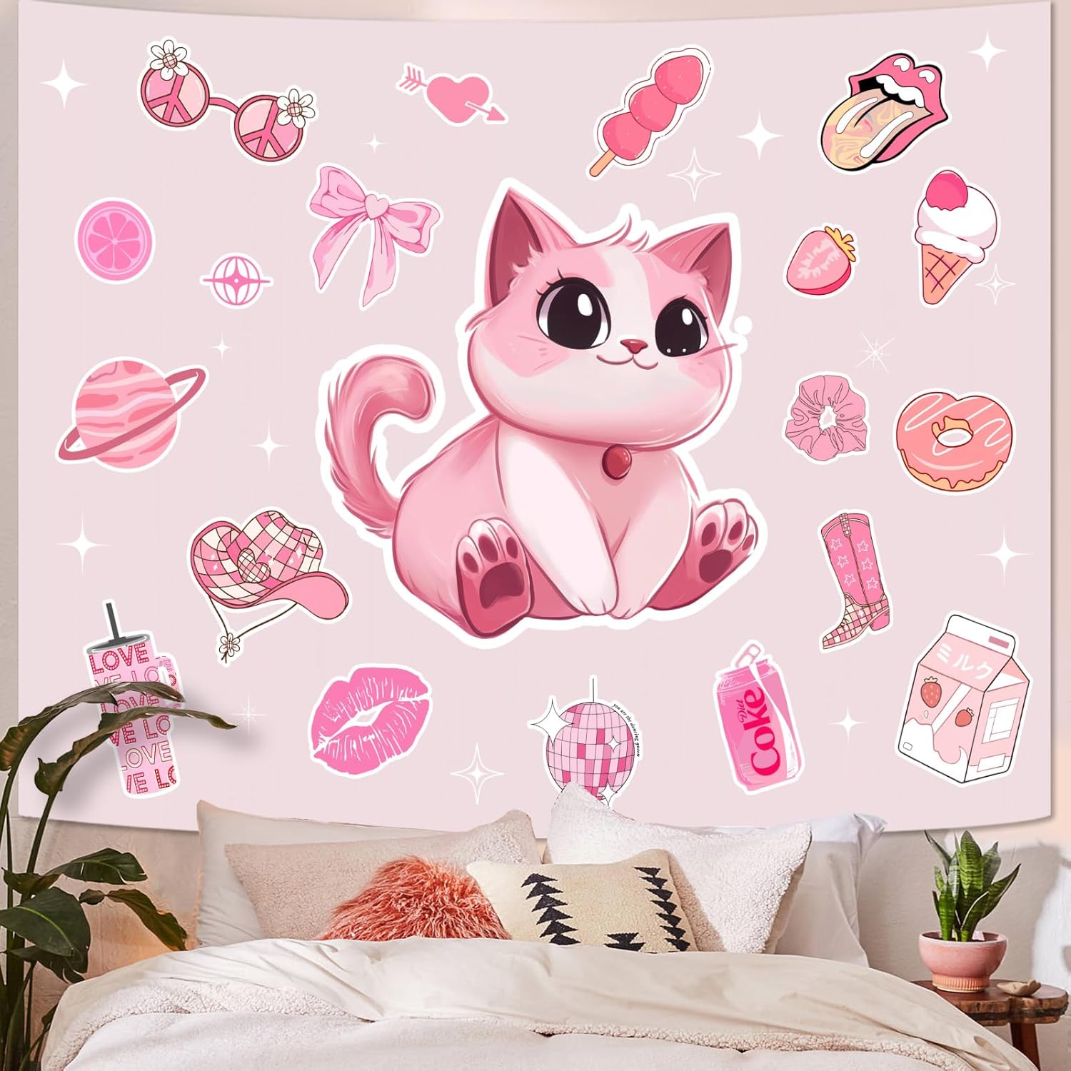Lunerfex Y2K Tapestry Pink Cat Wall Tapestry, Cute Tapestries for Bedroom Funny Tapestries Wall