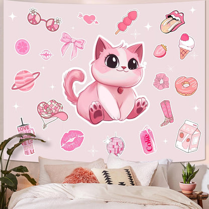 Lunerfex Y2K Tapestry Pink Cat Wall Tapestry, Cute Tapestries for Bedroom Funny Tapestries Wall