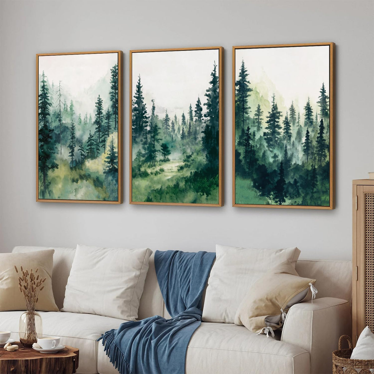 Tinonedraw Watercolor Forest Framed Canvas Wall Art Set, Modern Pine Tree Wall Painting, Nature