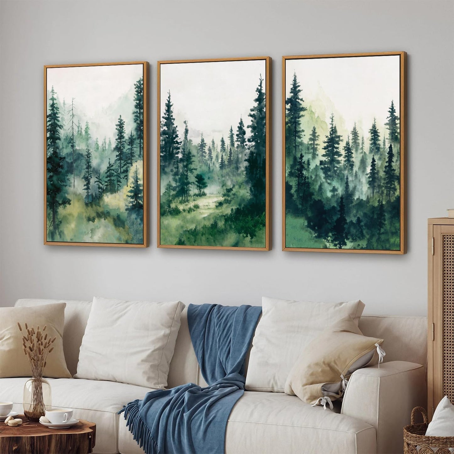 Tinonedraw Misty Forest Framed Canvas Wall Art Set, Modern Pine Trees Wall Painting, Watercolor