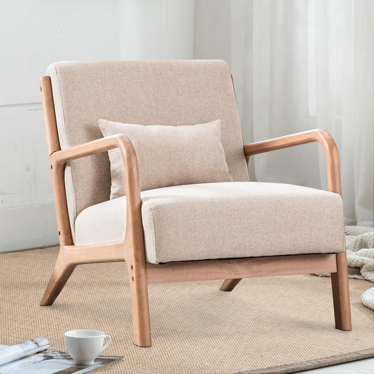 INZOY Mid Century Modern Accent Chair with Wood Frame, Upholstered Living Room Chairs with Waist
