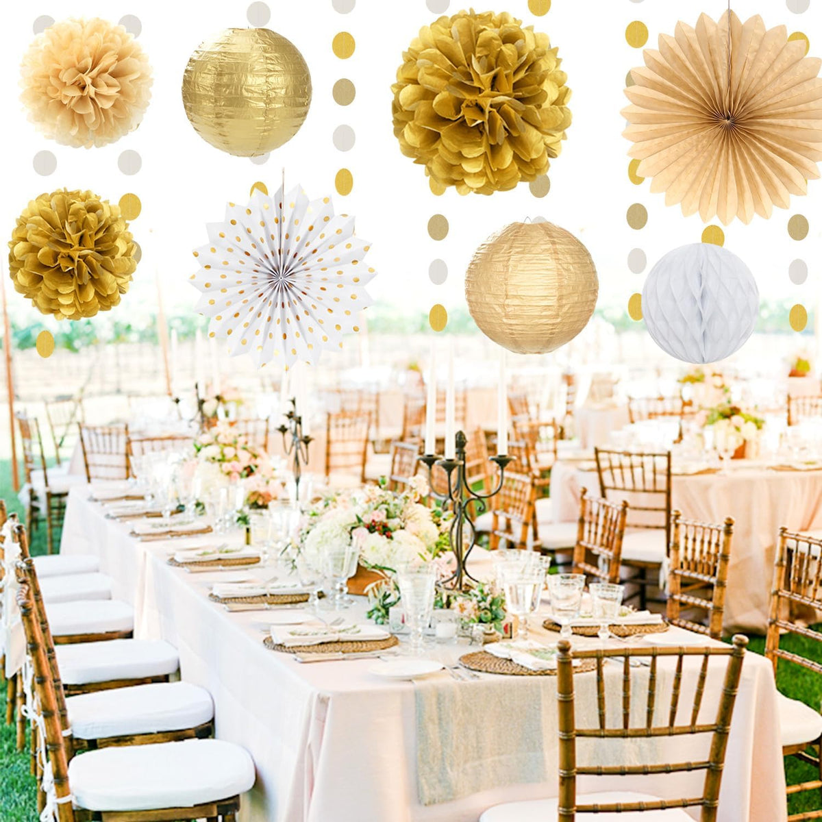 White Champagne Gold Birthday Party-Decorations - 21pcs Happy Birthday Banner,Paper Lanterns,Tissue