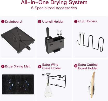 BOOSINY 2 Tier Black Large Stainless Steel Dish Drainers Drying Rack for Kitchen Counter with