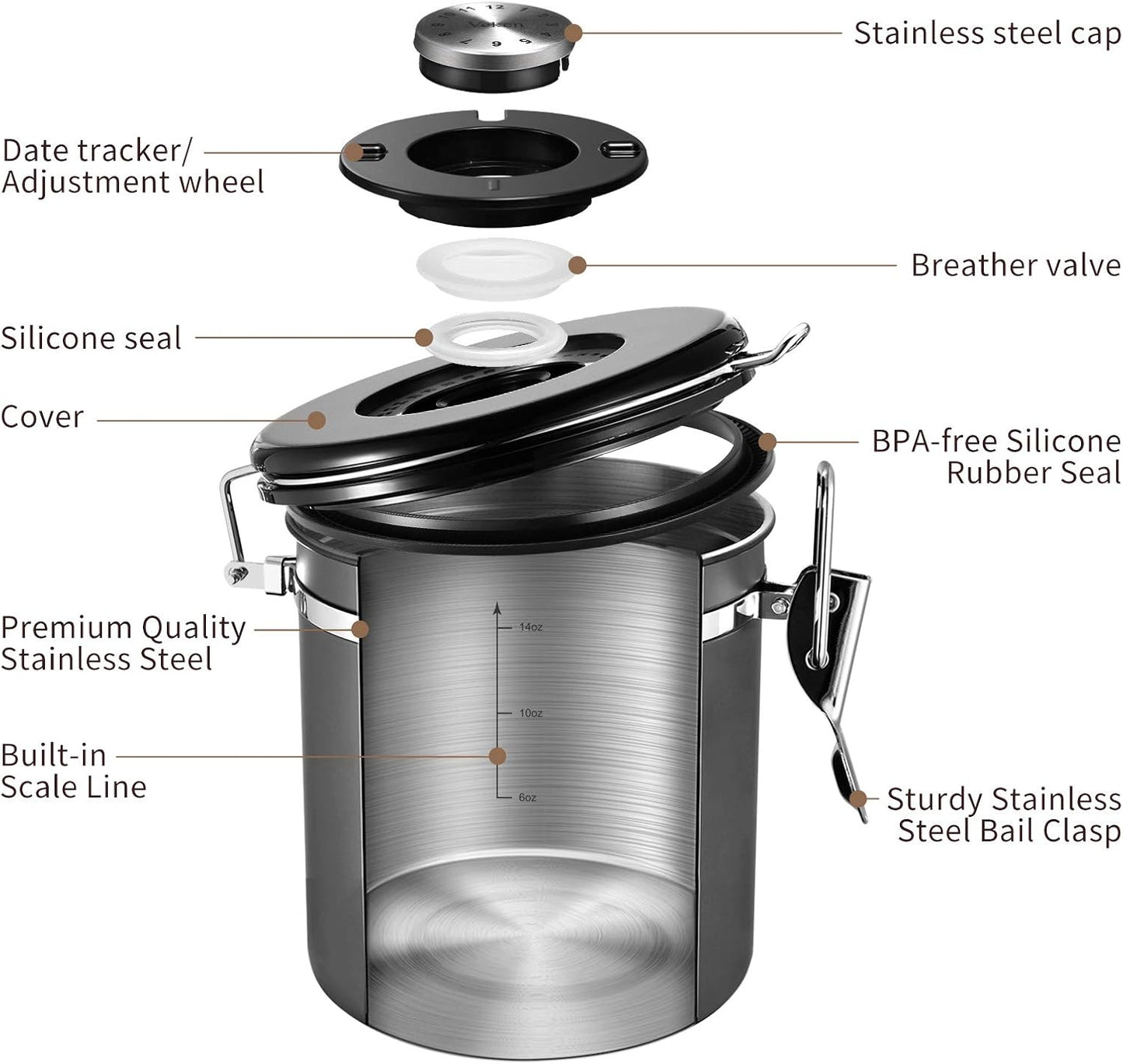 Veken Coffee Canister, Airtight Stainless Steel Kitchen Food Storage Container with Date Tracker