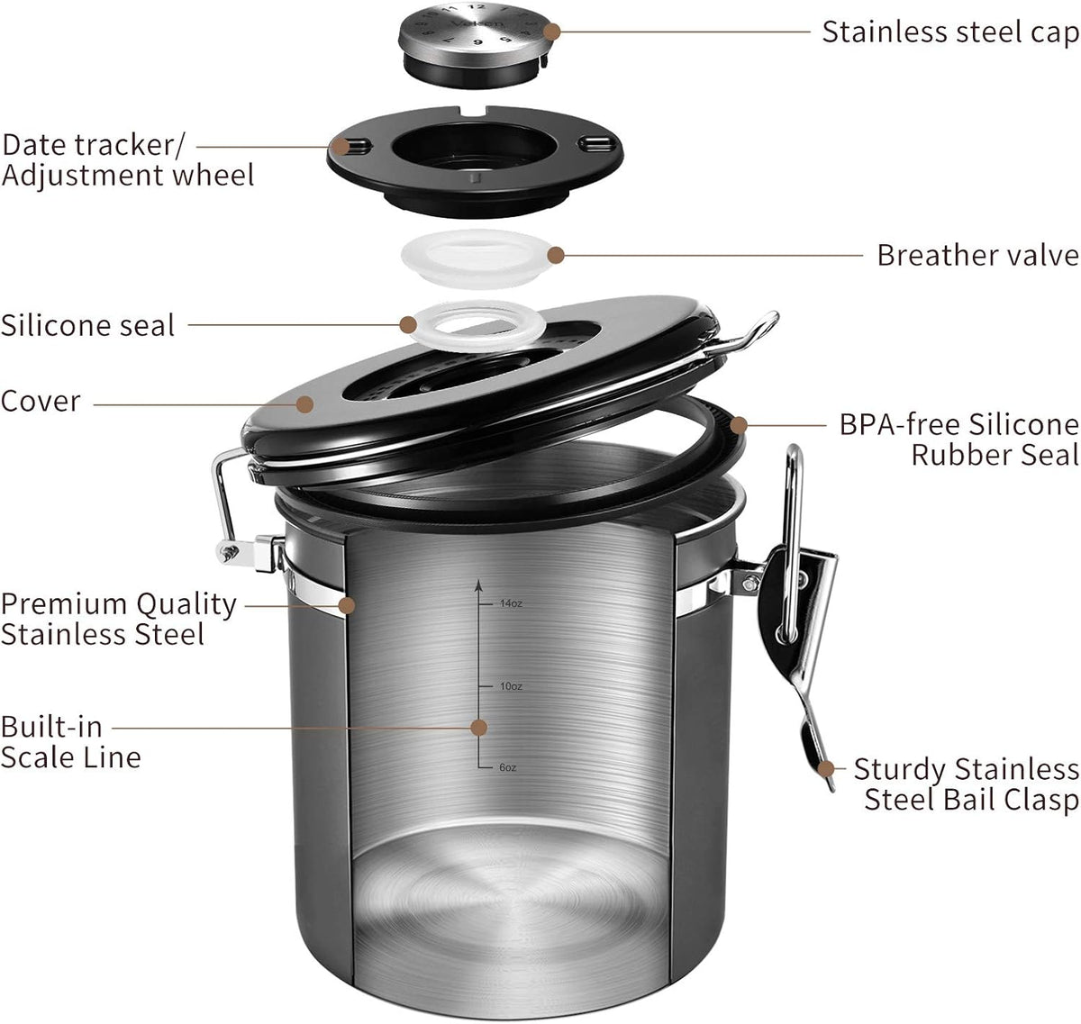Veken Coffee Canister, Airtight Stainless Steel Kitchen Food Storage Container with Date Tracker