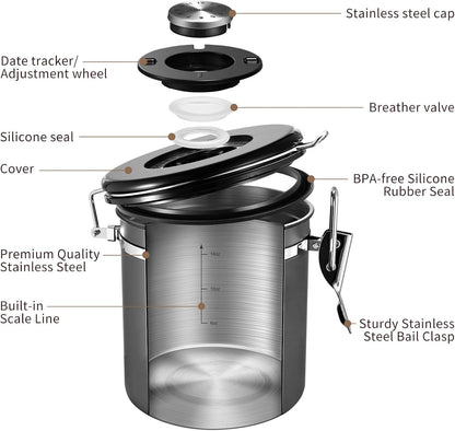 Veken Coffee Canister, Airtight Stainless Steel Kitchen Food Storage Container with Date Tracker