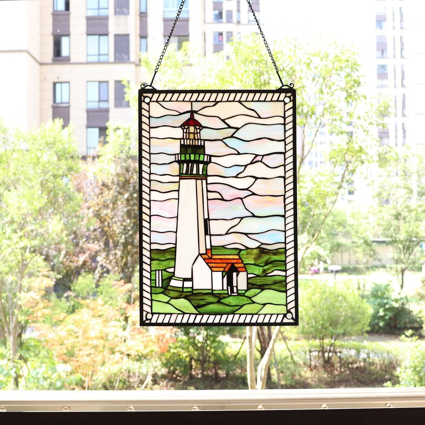 Bieye W10005 Pigeon Point Lighthouse Tiffany Style Stained Glass Window Panel with Hanging Chain