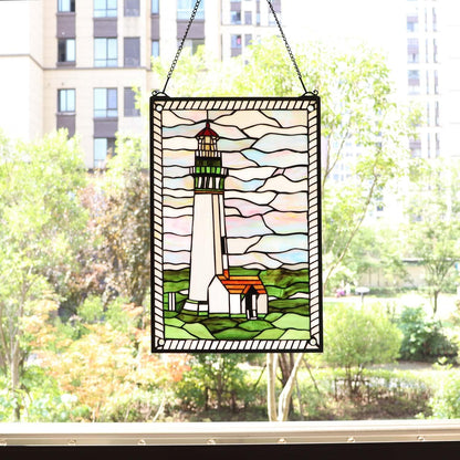 Bieye W10005 Pigeon Point Lighthouse Tiffany Style Stained Glass Window Panel with Hanging Chain