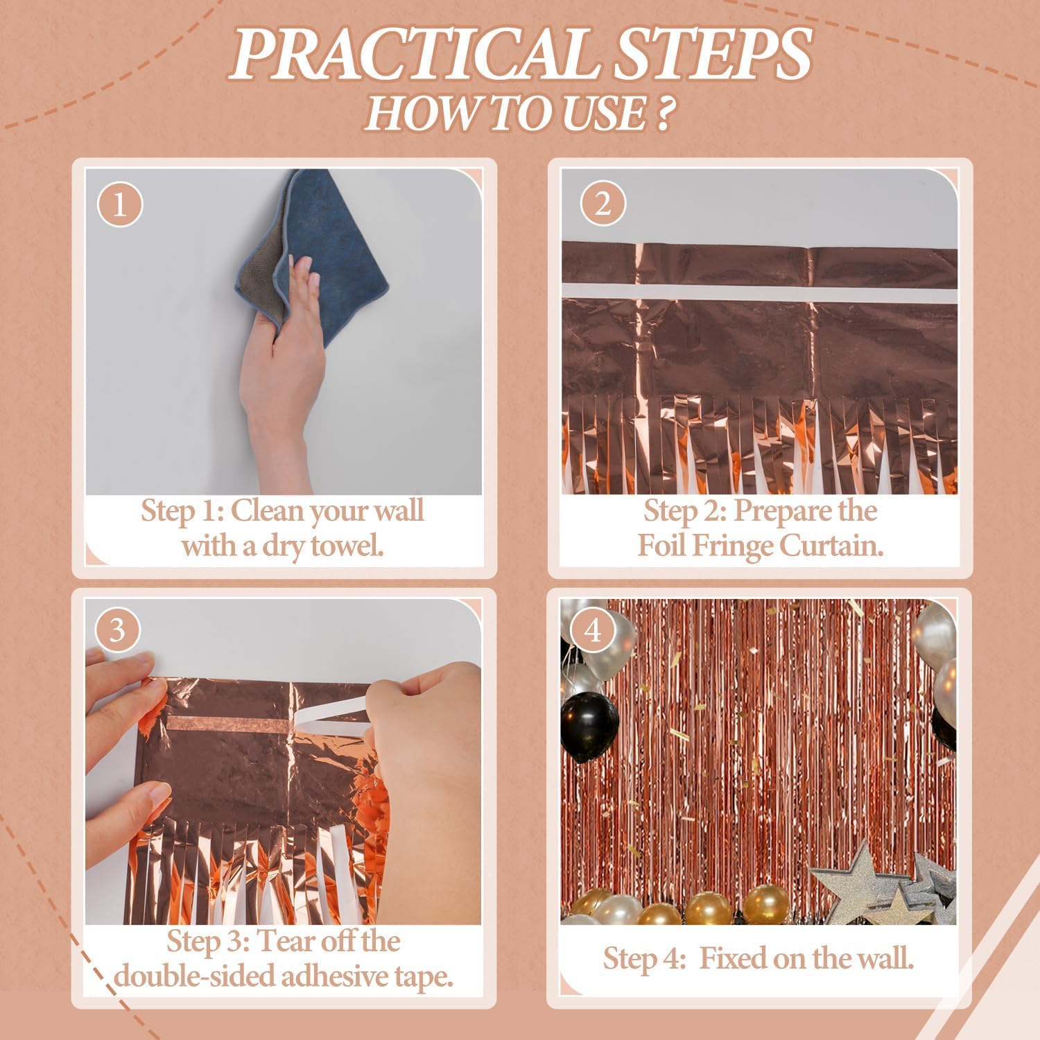 3 Pack Foil Fringe Backdrop - Rose Gold Shiny Tinsel Curtains for Party Decoration/Photo Booth