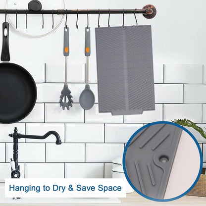 Silicone Dish Drying Mat for Kitchen Counter, 15''x 10'' Drying Mat with Drain Lip, Non-Slip Dish