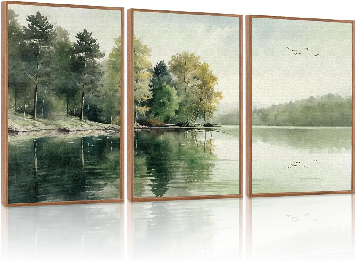 KAIRNE Framed Nature Canvas Wall Art Set,Misty Forest Wall Decor,Green Mountain Forest