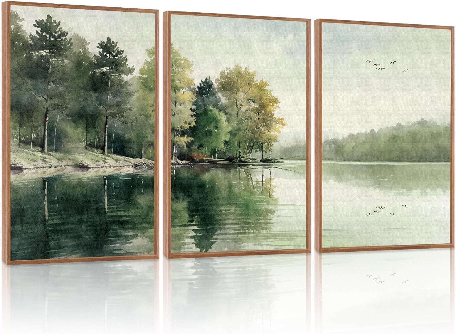 KAIRNE Framed Nature Canvas Wall Art Set,Misty Forest Wall Decor,Green Mountain Forest
