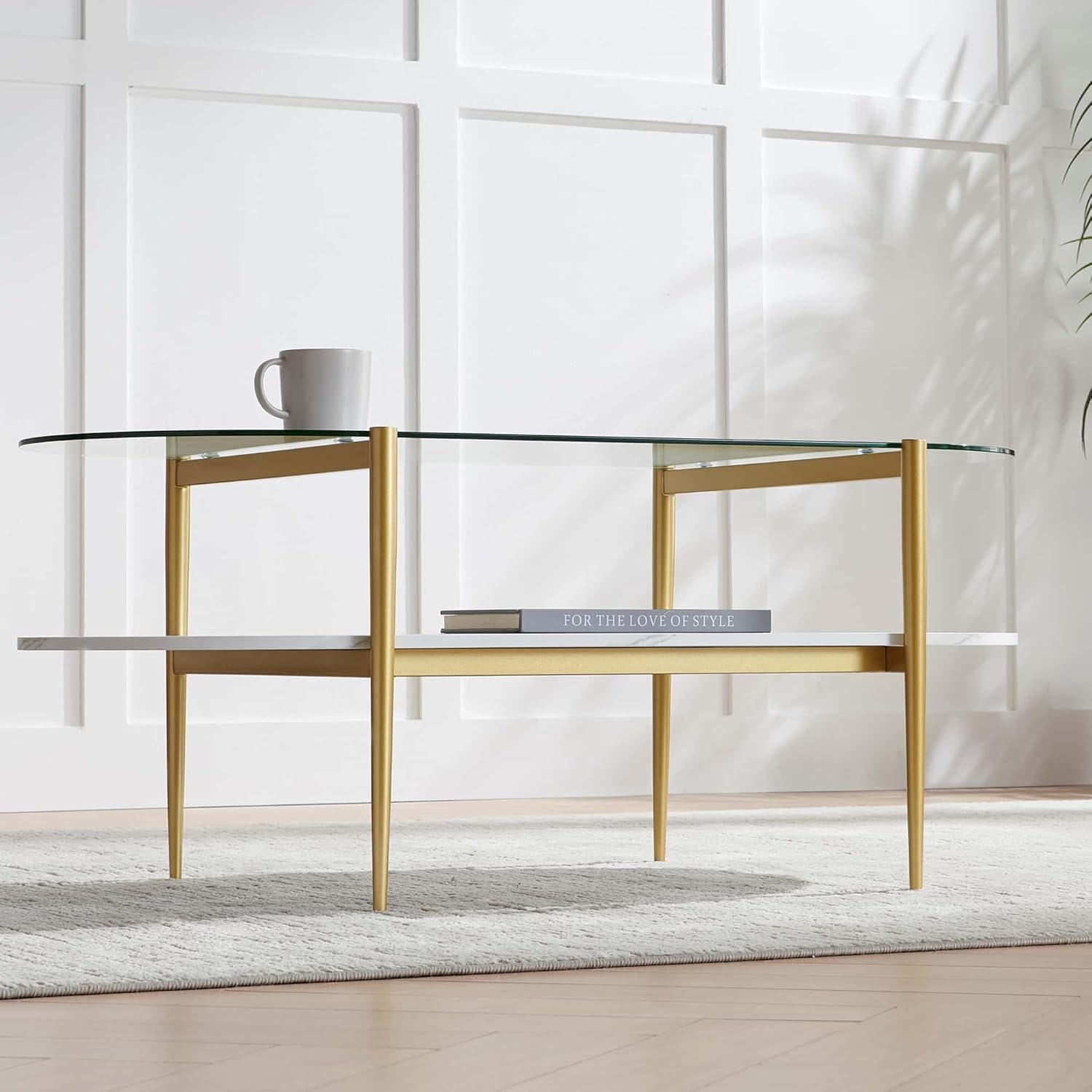 Oval Coffee Table, Mid-Century Modern Design, L41 x W21 x H17 inch, for Living Room, Clear Glass