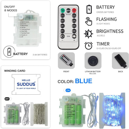 suddus Blue LED Christmas Lights Outdoor，200led 66ft Battery Operated Fairy Lights Indoor, Twinkle