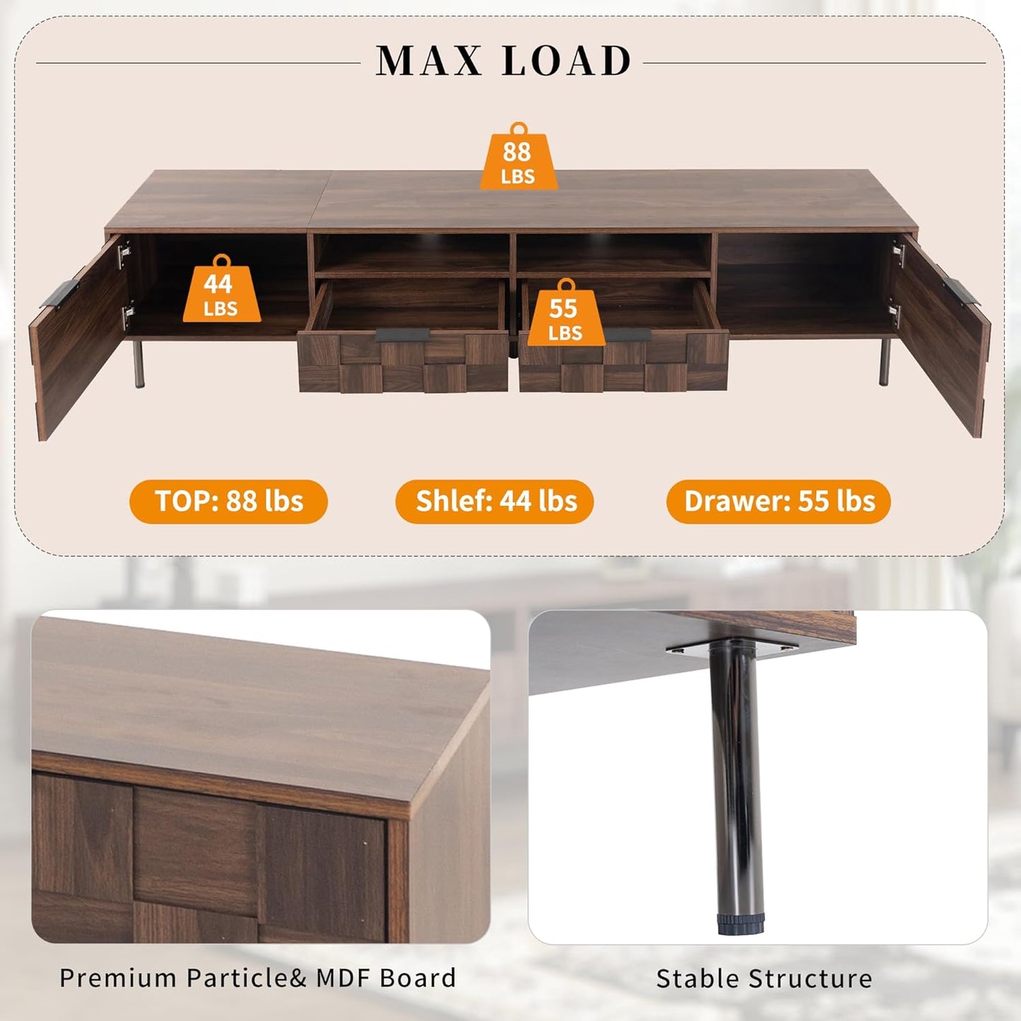 Modern TV Stand for TVs up to 85", Mid-Century Media Console with Checkered Cabinet Doors, Storage