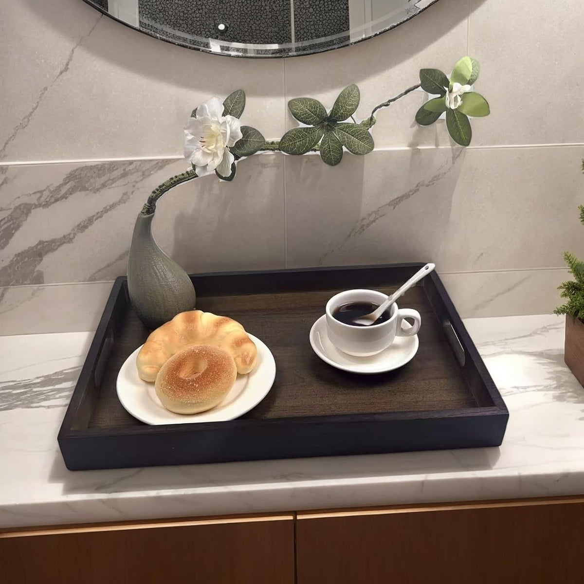 Large Bamboo Wooden Tray with Handles, Rectangular Natural Solid Wood, Black Walnut Color Serving