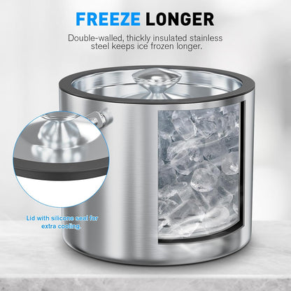 3.2 Liter Ice Bucket with Silicone Lid, Strainer, Tongs, Double Wall Insulated Stainless Steel Ice