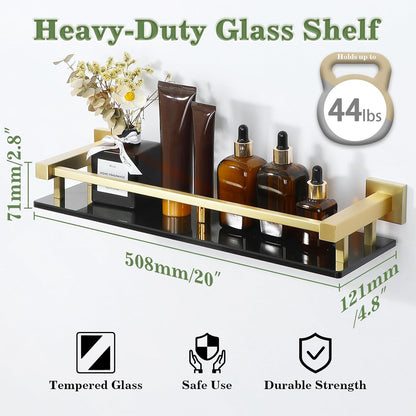 Alise Bathroom Glass Shelf with Stainless Steel Railing, Gold Small Tempered Glass Floating Wall