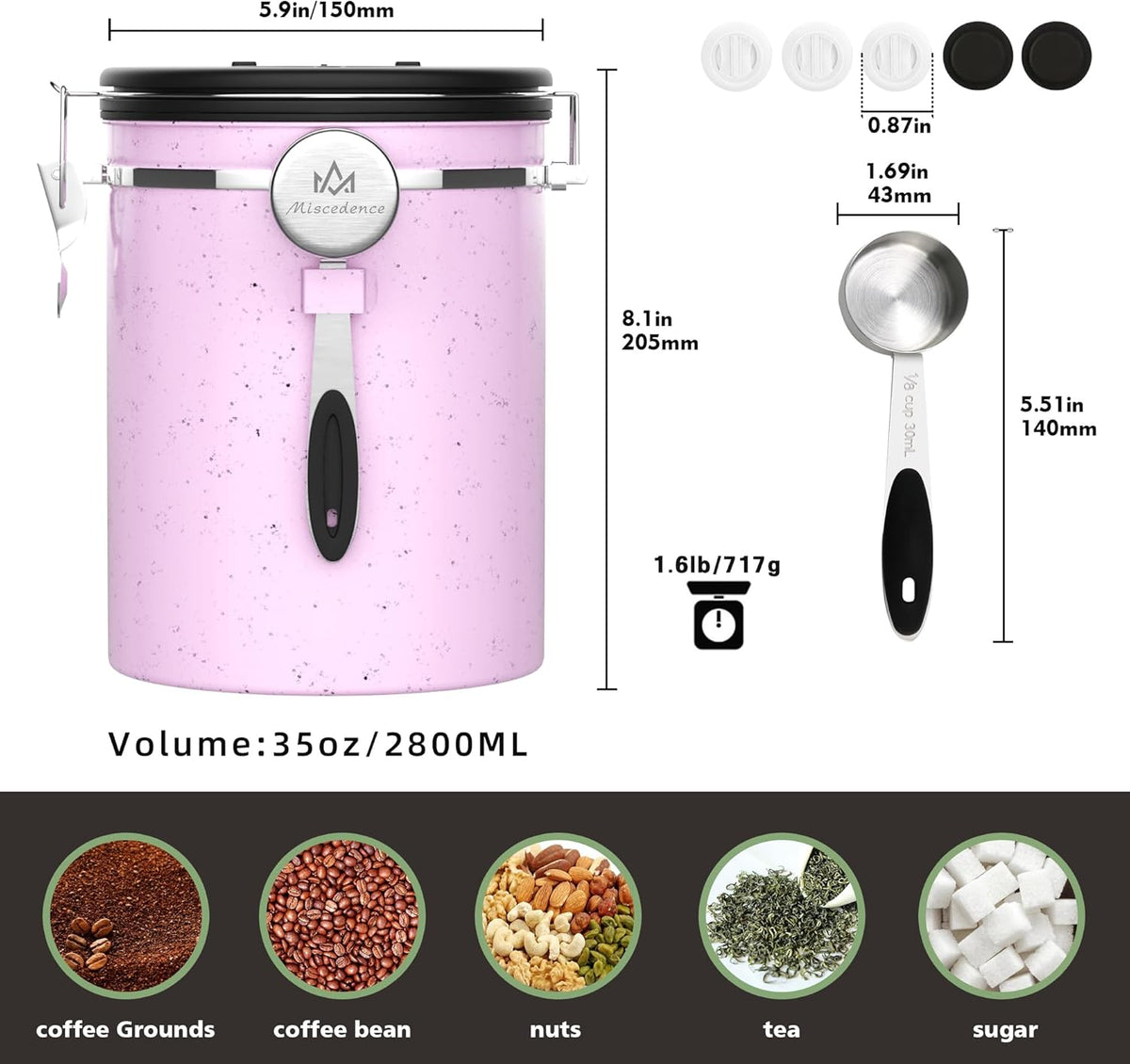 35OZ Coffee Canister for ground coffee with Date Tracker,pink 304 Stainless Steel Kitchen Food
