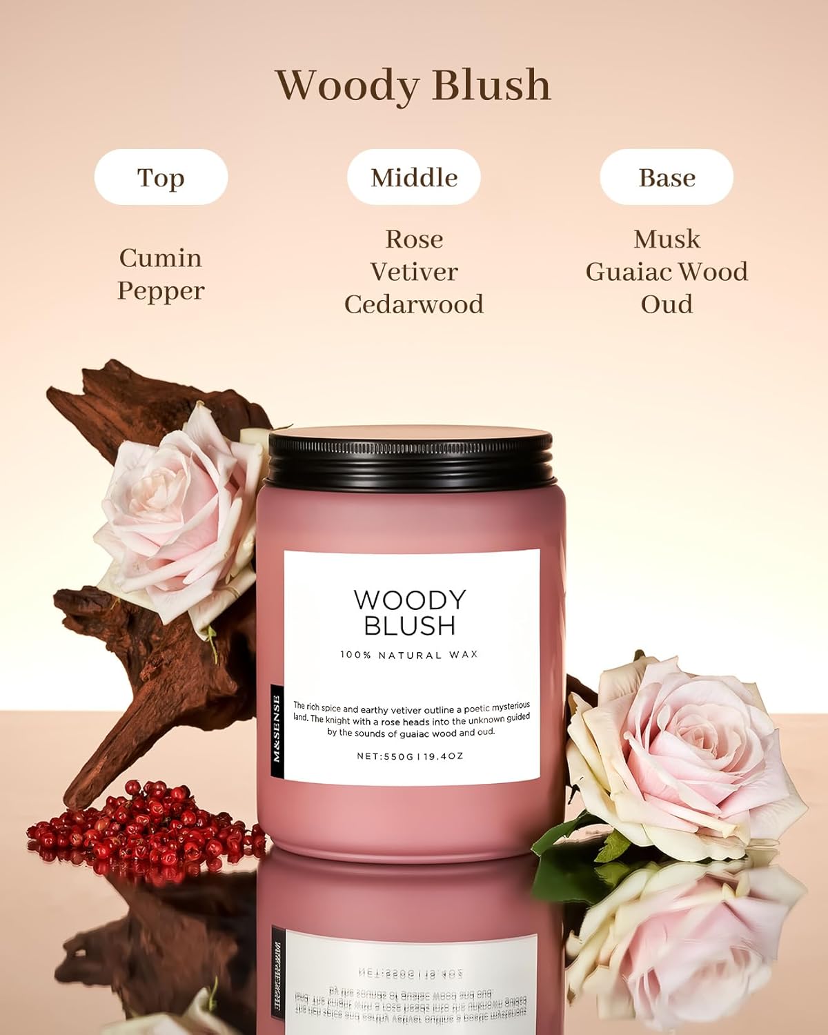M&SENSE Rose Oud Wood Soy Candles 2 Wick, Large Scented Candles 19.4oz 110 Hour Long Lasting Burn