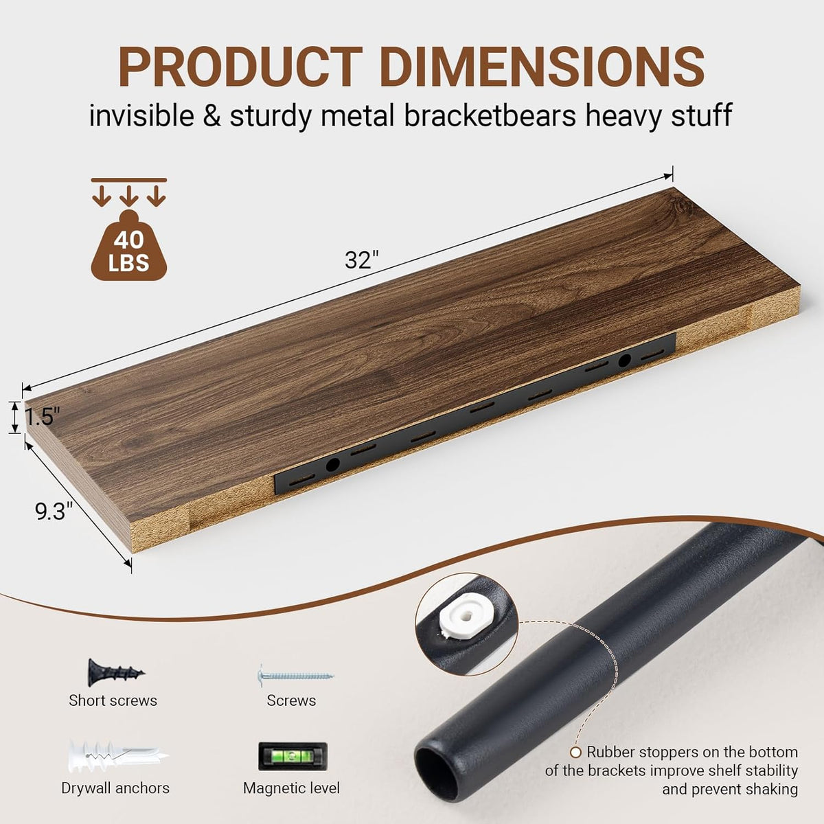 Heimlove 32 Inch Floating Shelves for Wall,Walnut 9.3" Deep Floating Shelf Set of 2,Wall Mounted